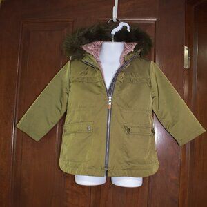 Zara Girls Reversible Jacket 2/3 Years | Green & Pink Hooded Coat with Faux Fur